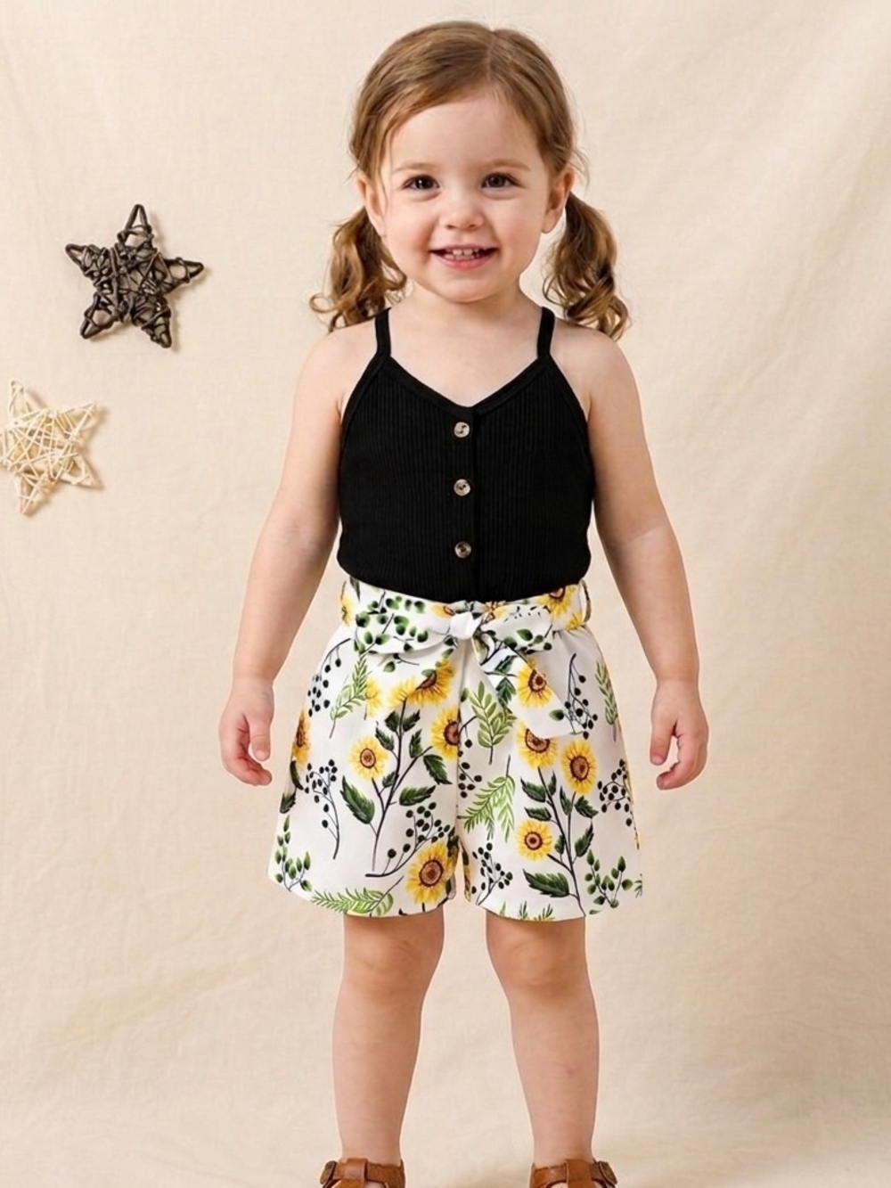 Girl Black Ribbed Sleeveless Cami Jumper Floral Belted Shorts Summer Outfit 2-3Y